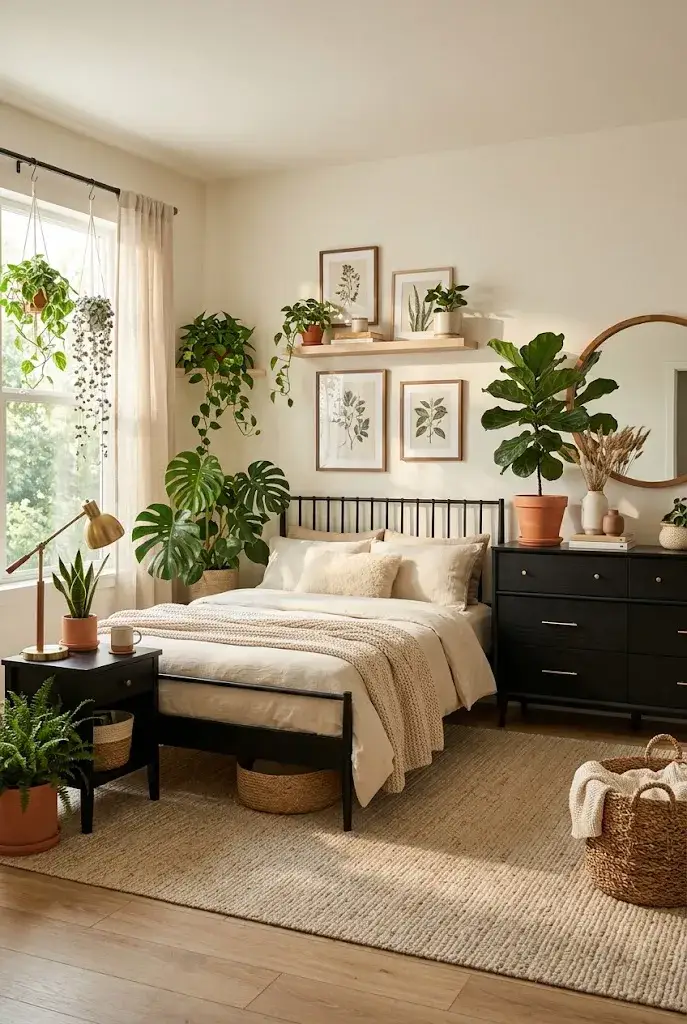 Black bedroom furniture softened with green plants, cream bedding, and natural decor.