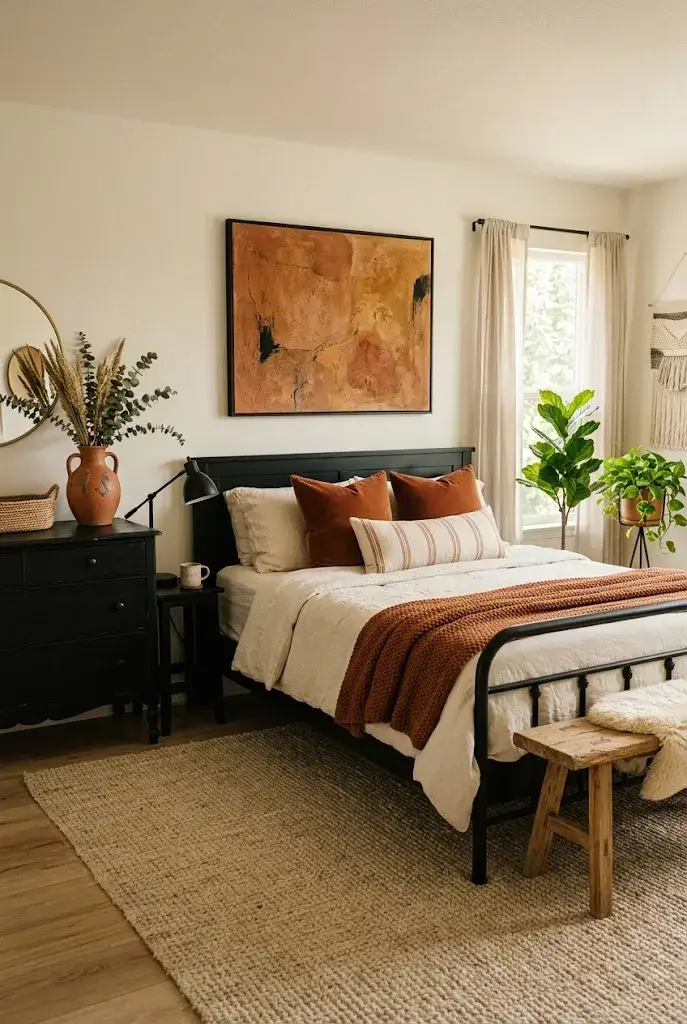  Black bedroom furniture styled with terracotta accents, cream bedding, and natural wood.