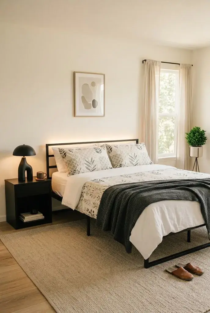 Black bedroom furniture with patterned botanical bedding in neutral and muted green tones.