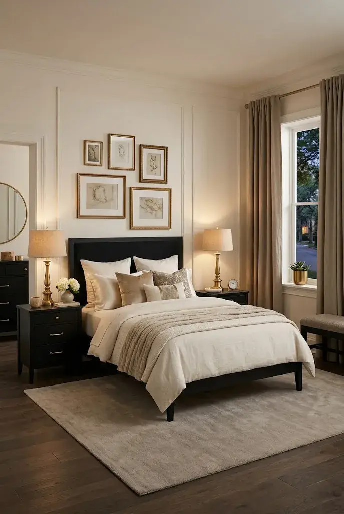 Black bedroom furniture with warm brass accents, cream bedding, and elegant lighting.