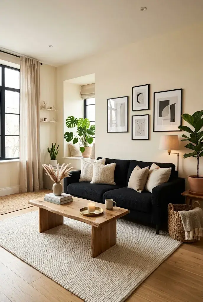  Black couch against warm cream walls with beige textiles and natural wood accents.