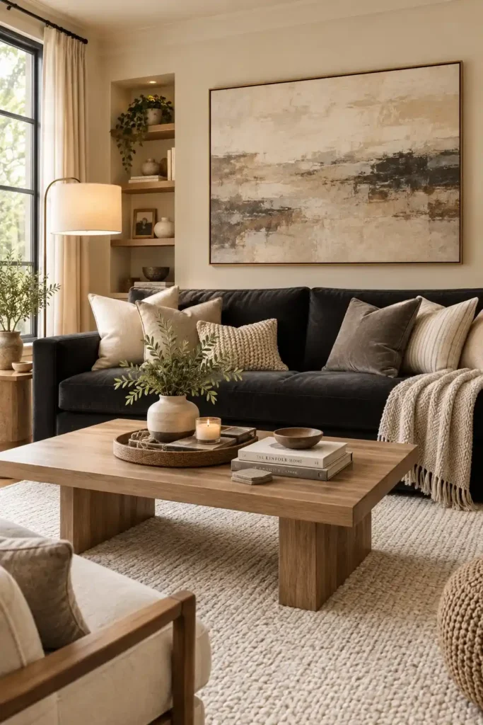 Black couch layered with cream, beige, taupe, and textured neutral throw pillows.
