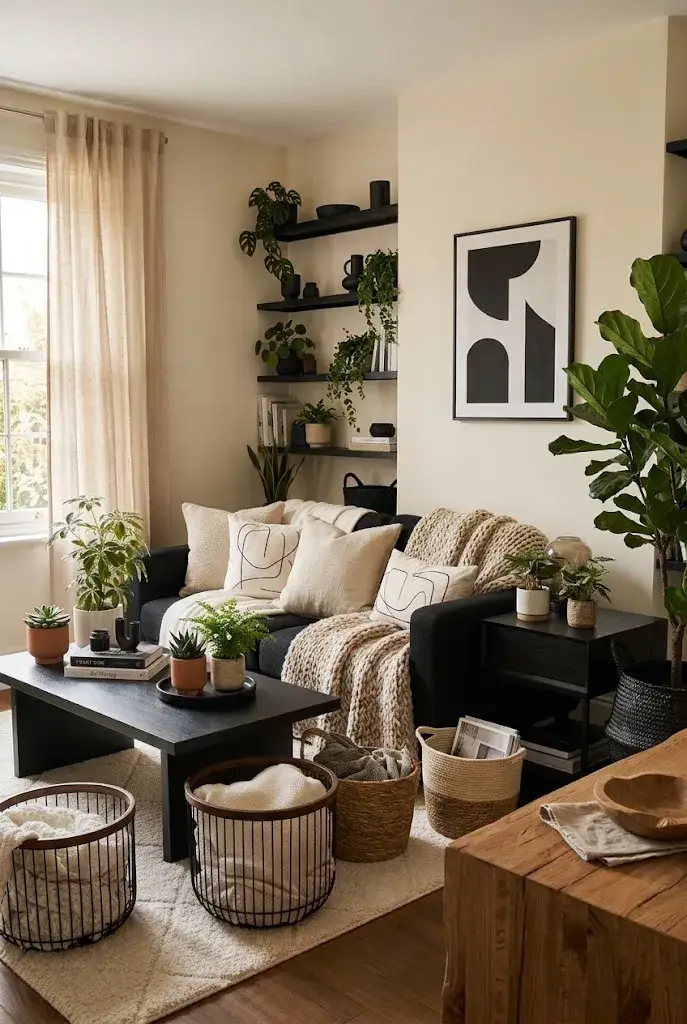 Black couch living room decorated with lush green plants and natural wood accents.