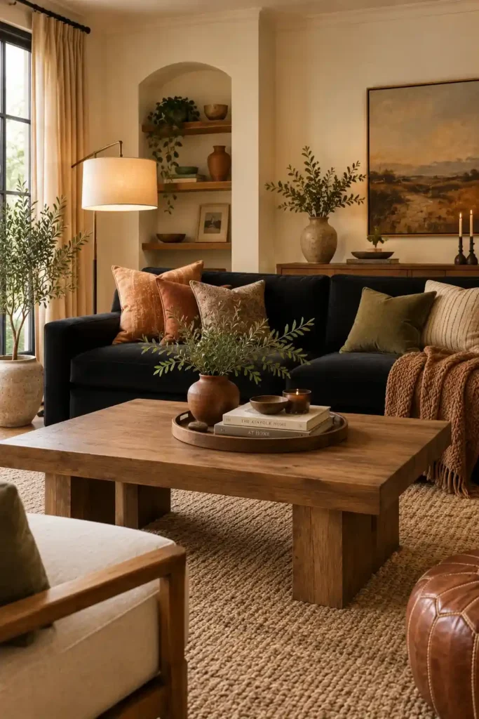 Black couch living room decorated with warm terracotta, caramel, olive, and earthy tones.