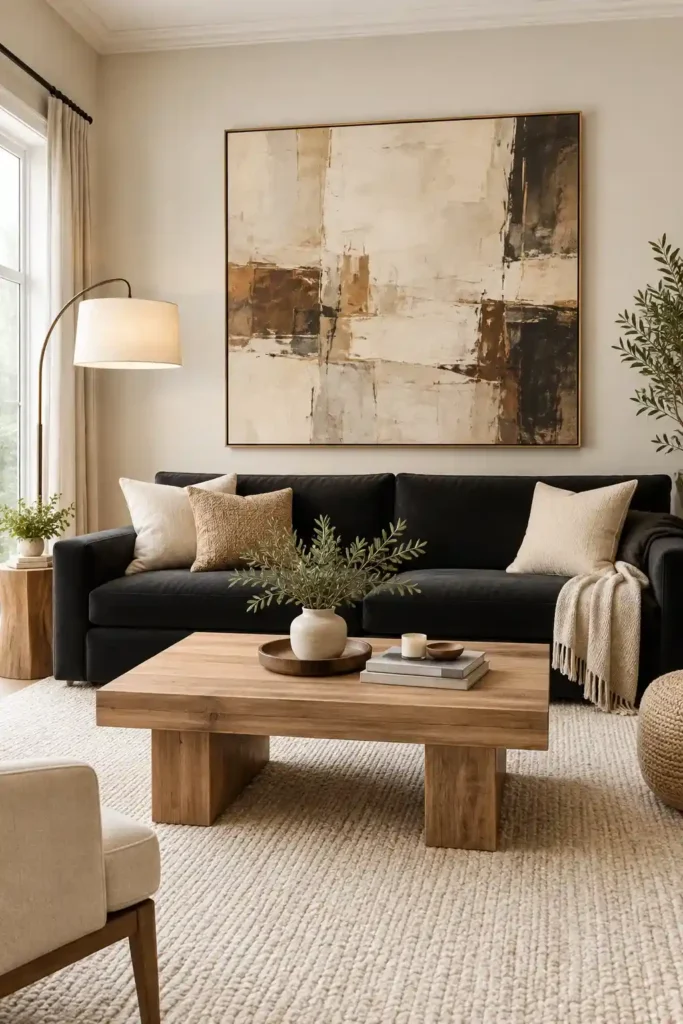  Black couch living room with large neutral abstract artwork above the sofa.