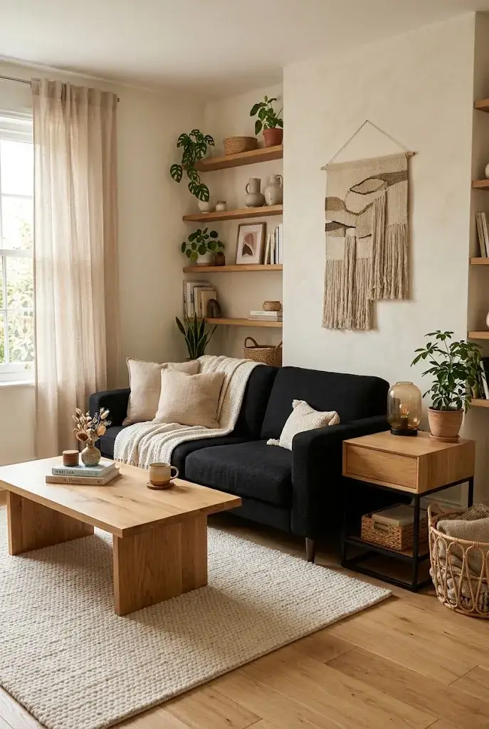 Black couch living room with natural wood coffee table, shelving, and warm neutral decor.