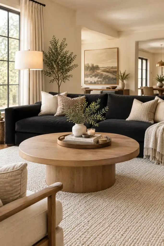 Black couch paired with a round natural wood coffee table and neutral rug.