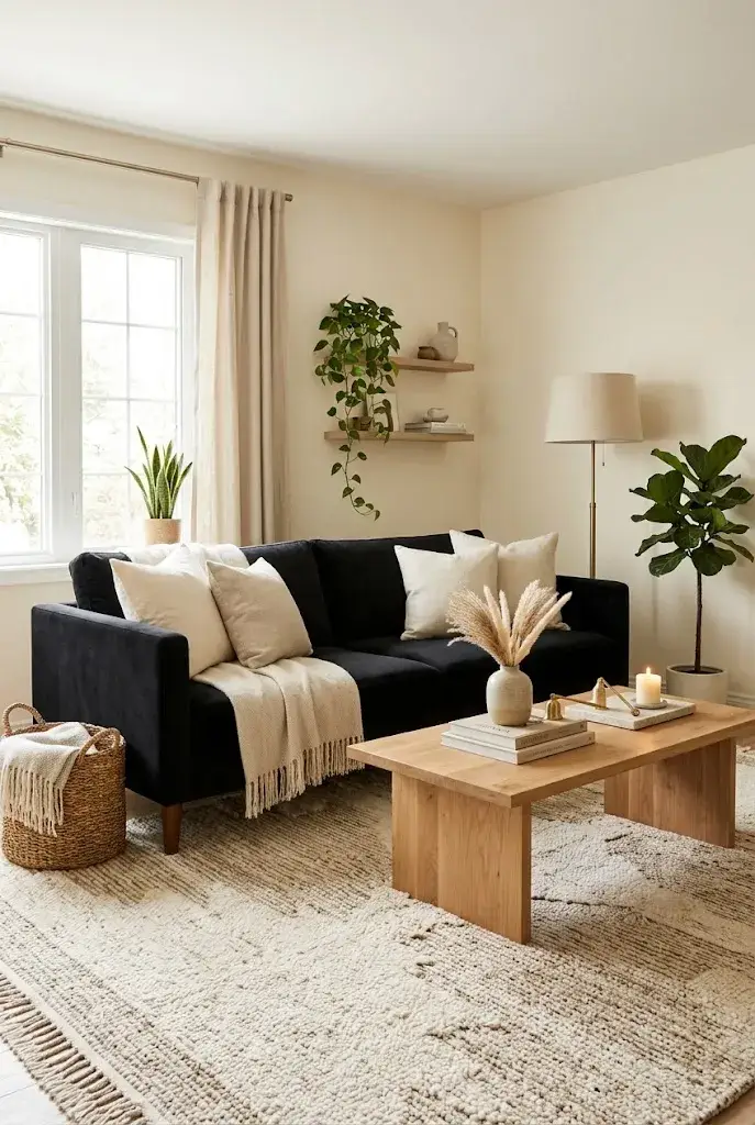 Black couch styled over a large neutral textured rug in a cozy living room.