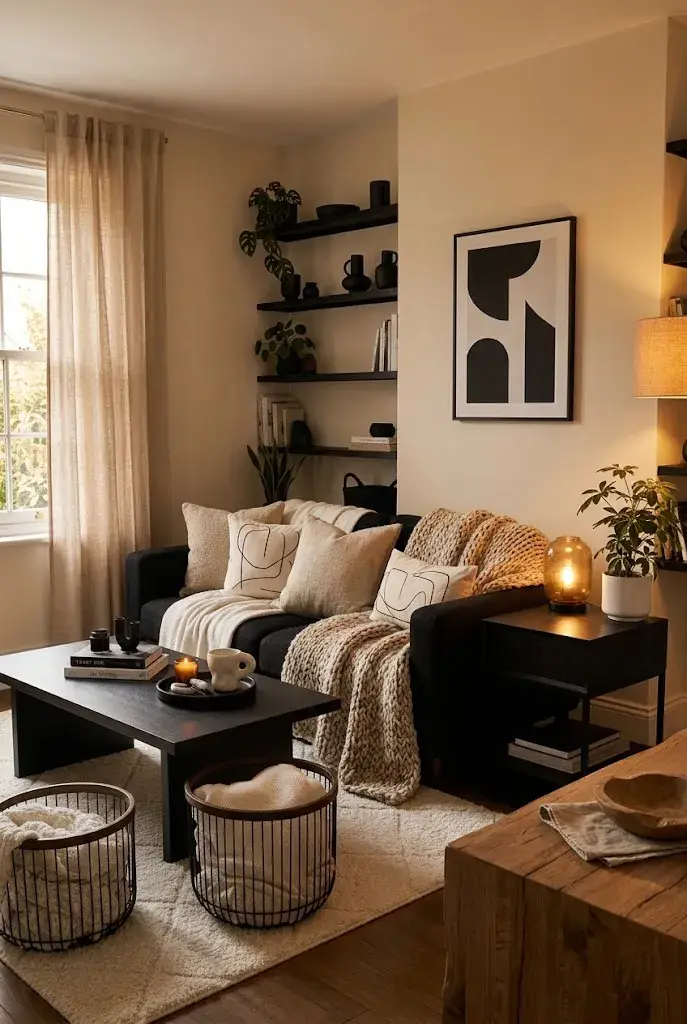 Black couch styled with warm beige cushions, knitted textures, and a cream rug.