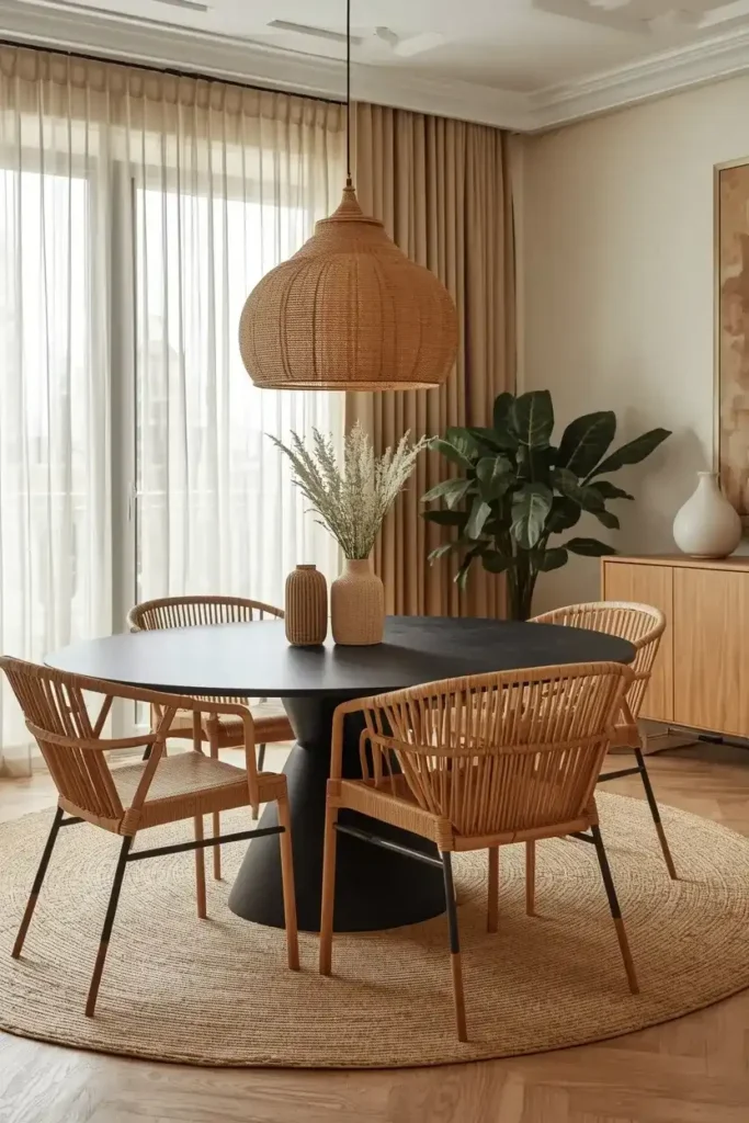 Black dining furniture softened with rattan, jute, linen, wood, and greenery.
