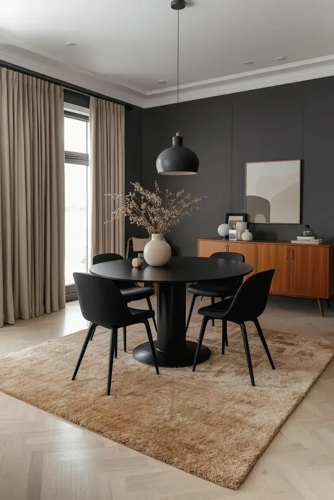 Black dining room balanced with a large soft oatmeal-colored textured rug.