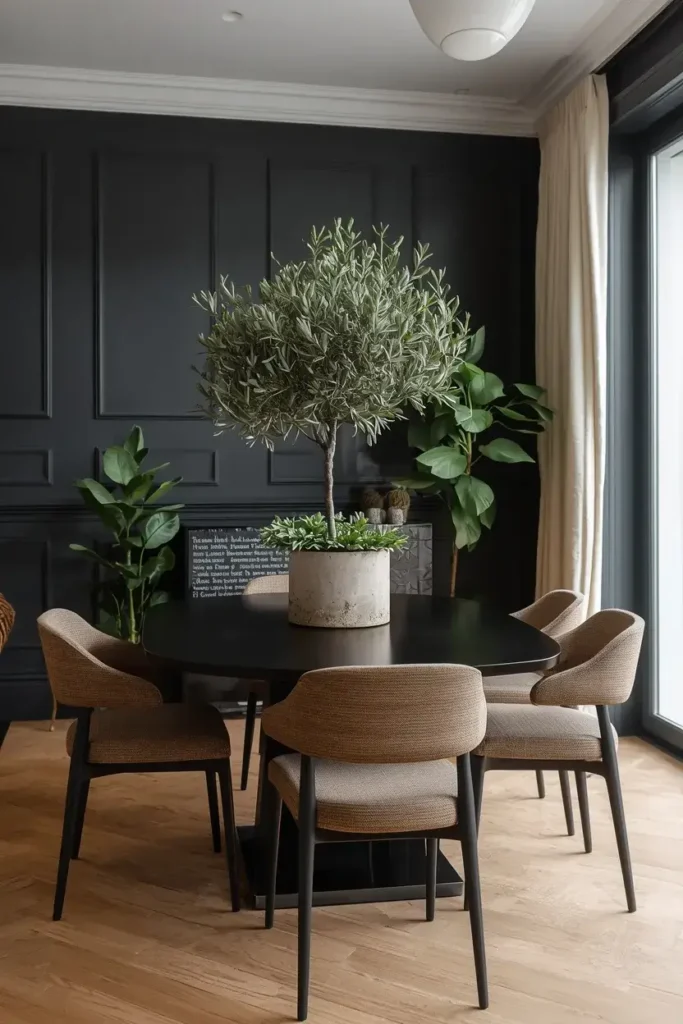 Black dining room decorated with lush green plants and natural neutral accents.