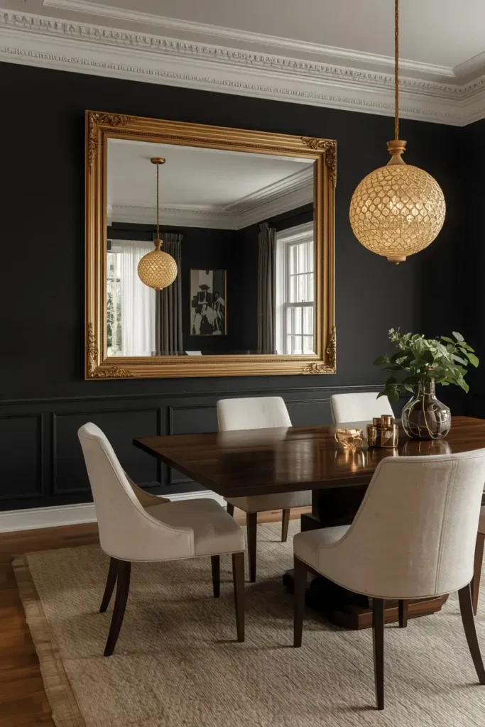 Black dining room featuring a large brass-framed mirror reflecting natural light.