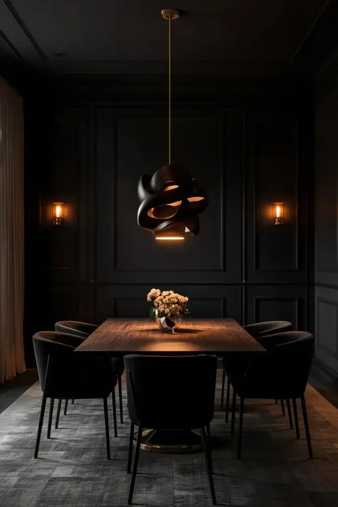 Black dining room illuminated by a sculptural statement pendant light above the table.