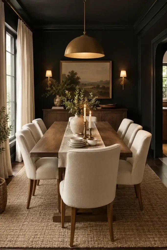 Black dining room softened with cream chairs, ivory curtains, and warm neutral decor.