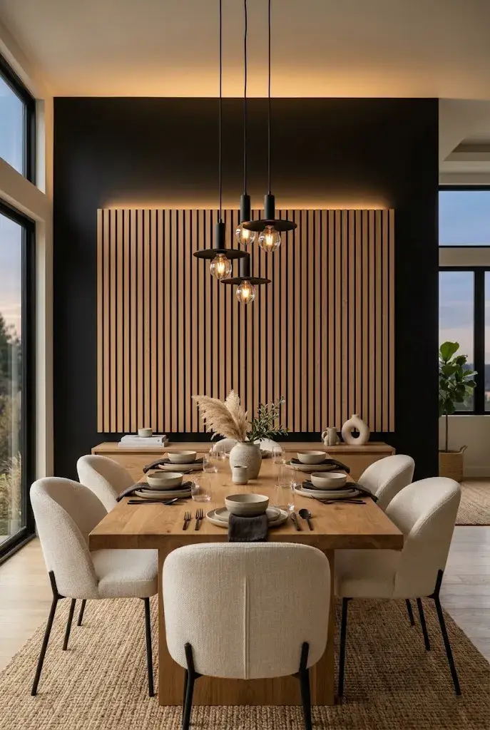 Black dining room wall with natural wood slats, wooden table, and warm pendant lighting