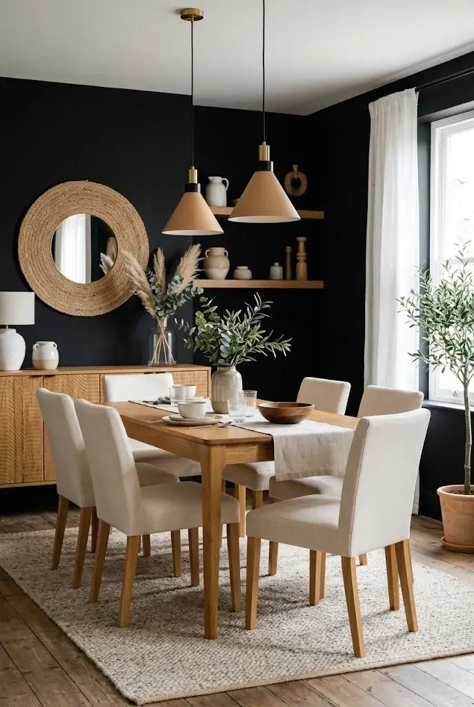 Black dining room walls paired with a warm wooden dining table and cream chairs.