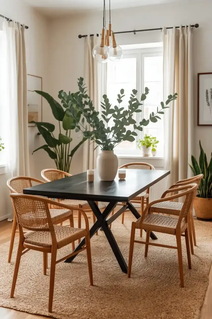 Black dining table decorated with green eucalyptus branches and surrounded by natural textures and indoor plants.