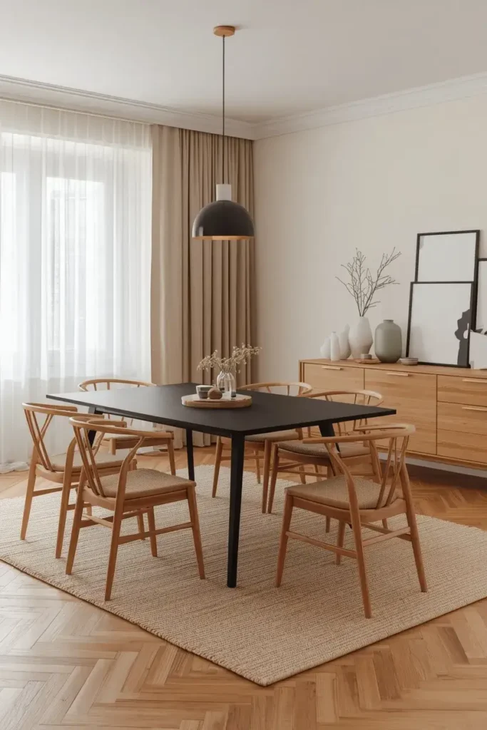 Black dining table paired with natural oak chairs and warm wood accents in a cozy Scandinavian-style dining room.