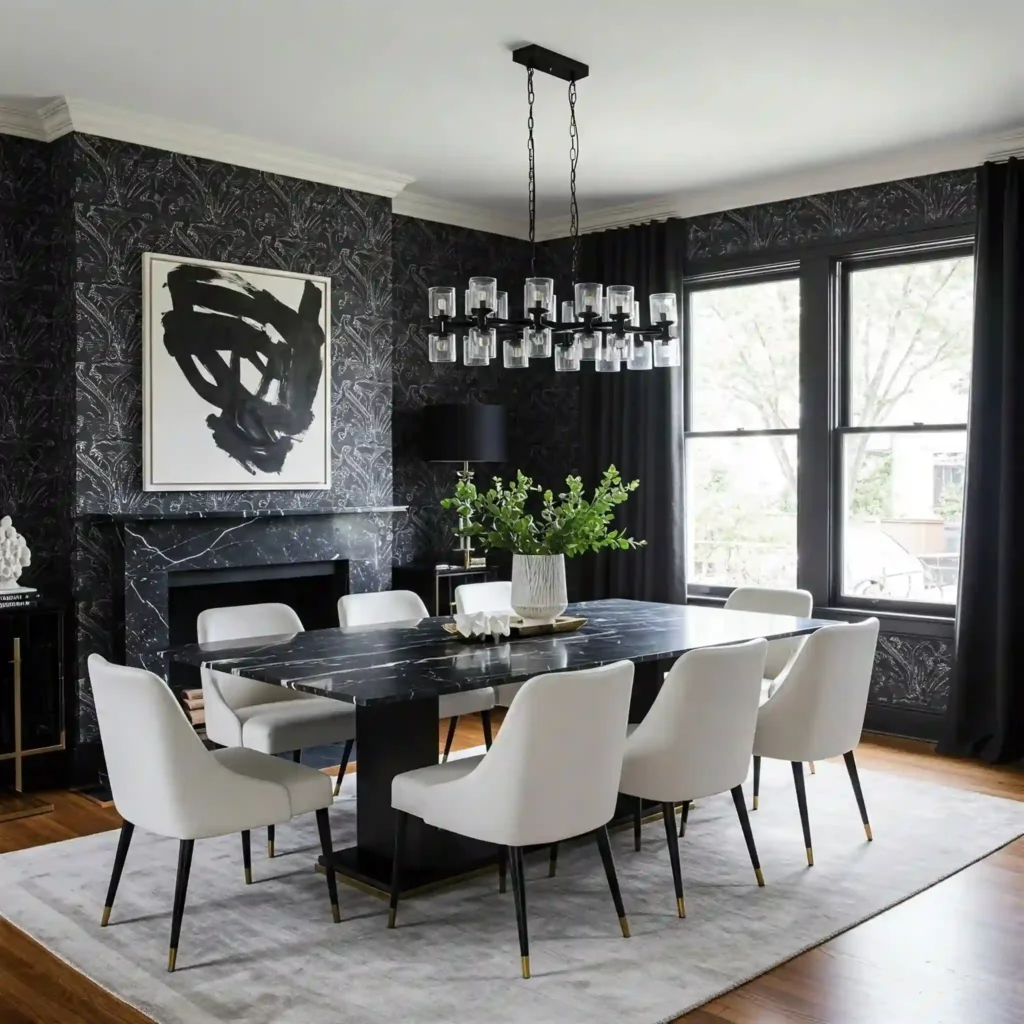 Black dining table styled with simple white ceramics, black candles, and neutral linens.