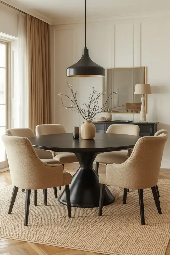 Black dining table surrounded by comfortable oatmeal upholstered chairs in a warm neutral dining room.