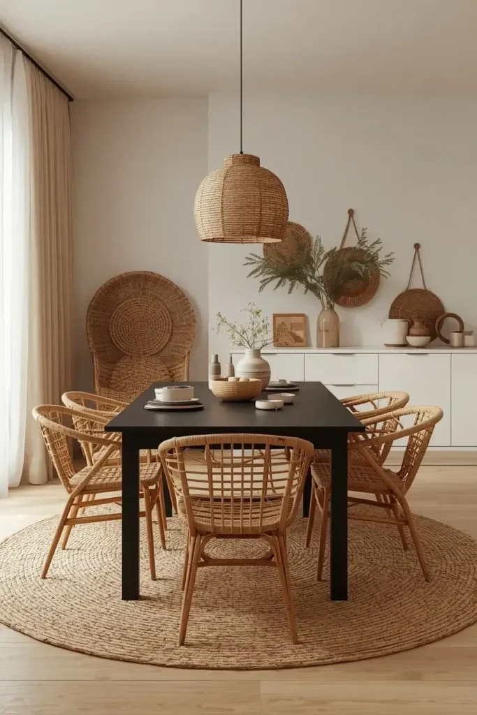Black dining table with woven rattan chairs, jute rug, linen curtains, and natural textured decor.