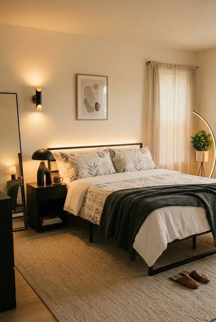 Black furniture bedroom brightened with layered warm lighting, sheer curtains, and a large mirror.
