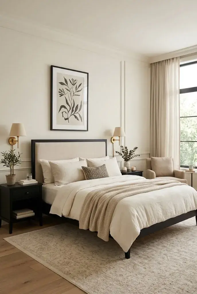 Black upholstered bed styled with cream bedding, textured pillows, and warm bedroom lighting.