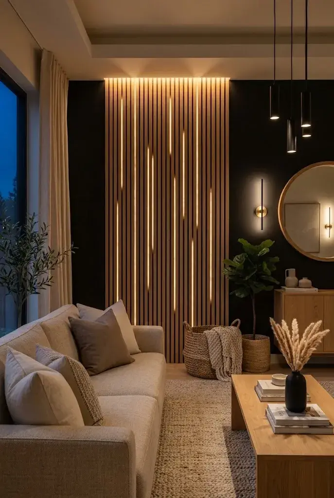 Black wall with wood slats highlighted by warm LED lighting and soft architectural shadows.
