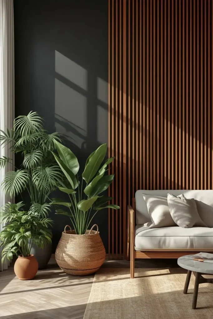 Black wood slat wall surrounded by green plants, woven baskets, and earthy natural decor.