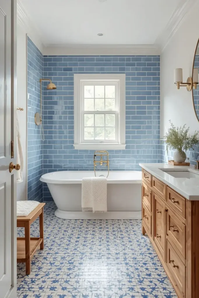 Blue and white tiled bathroom with patterned flooring, glossy blue shower tiles, and white fixtures.