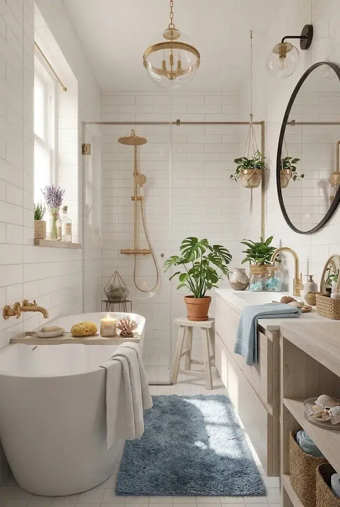 Blue bathroom rug creating a calm coastal-inspired bathroom