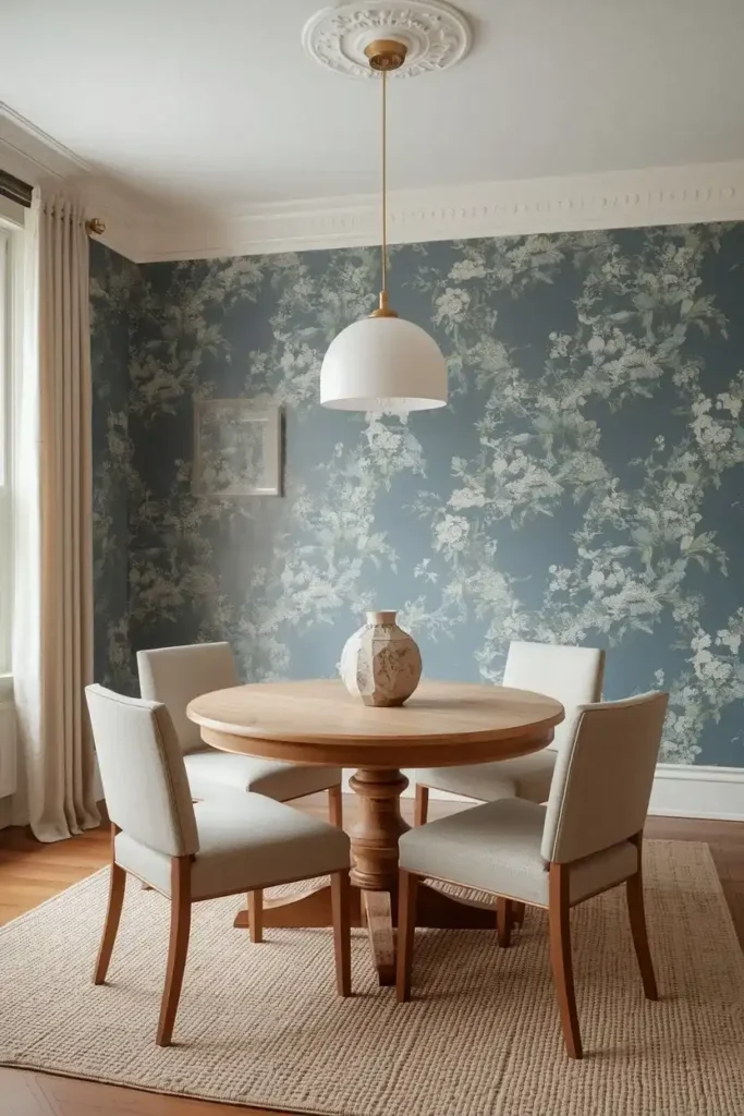 Blue botanical wallpaper in an elegant dining room