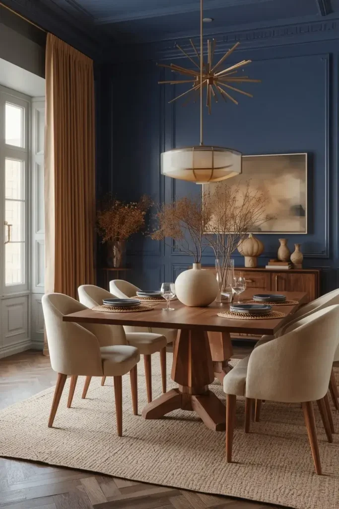Blue dining room decorated with cream and beige accents