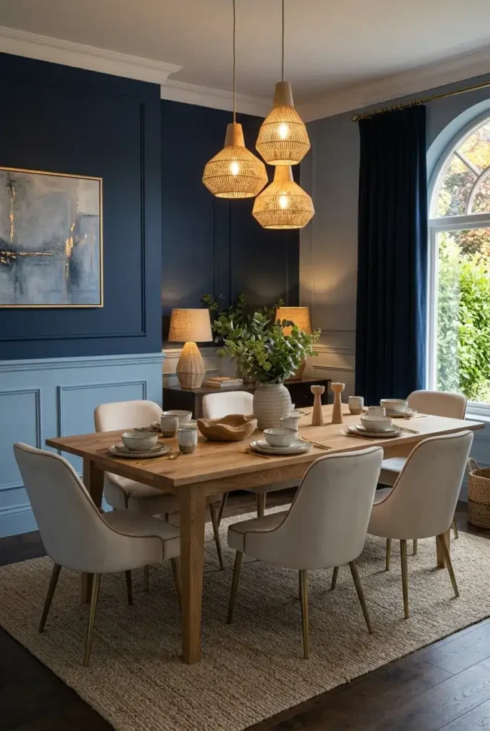 Blue dining room with natural wood dining table and beige chairs