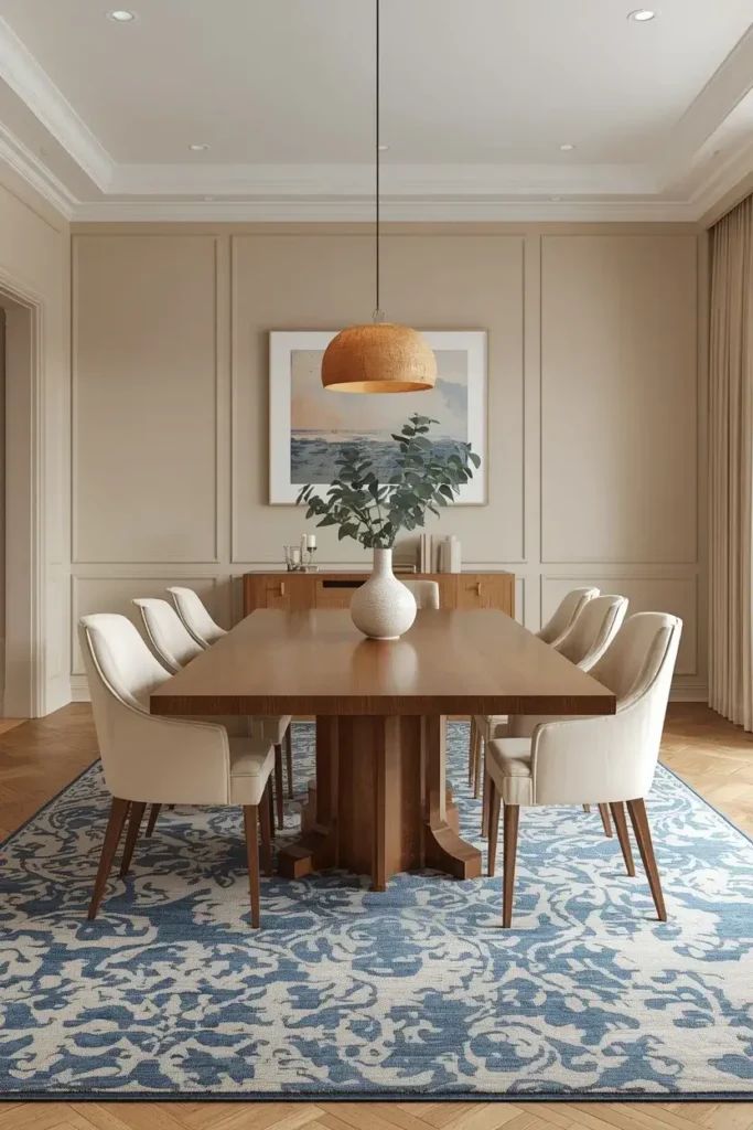 Blue patterned rug beneath a wooden dining table