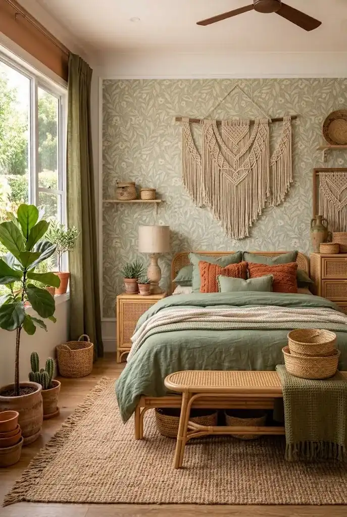 Boho bedroom with sage green bedding, terracotta cushions, rattan furniture, plants, and woven textures.