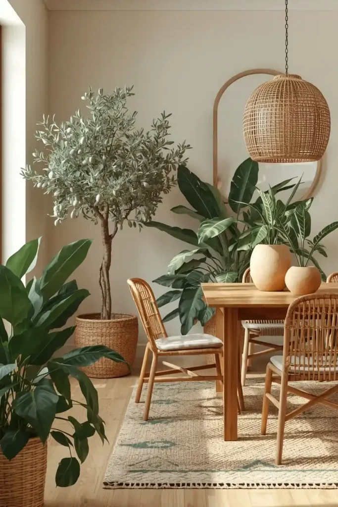 Boho dining room decorated with lush green plants, woven baskets, and natural furniture.