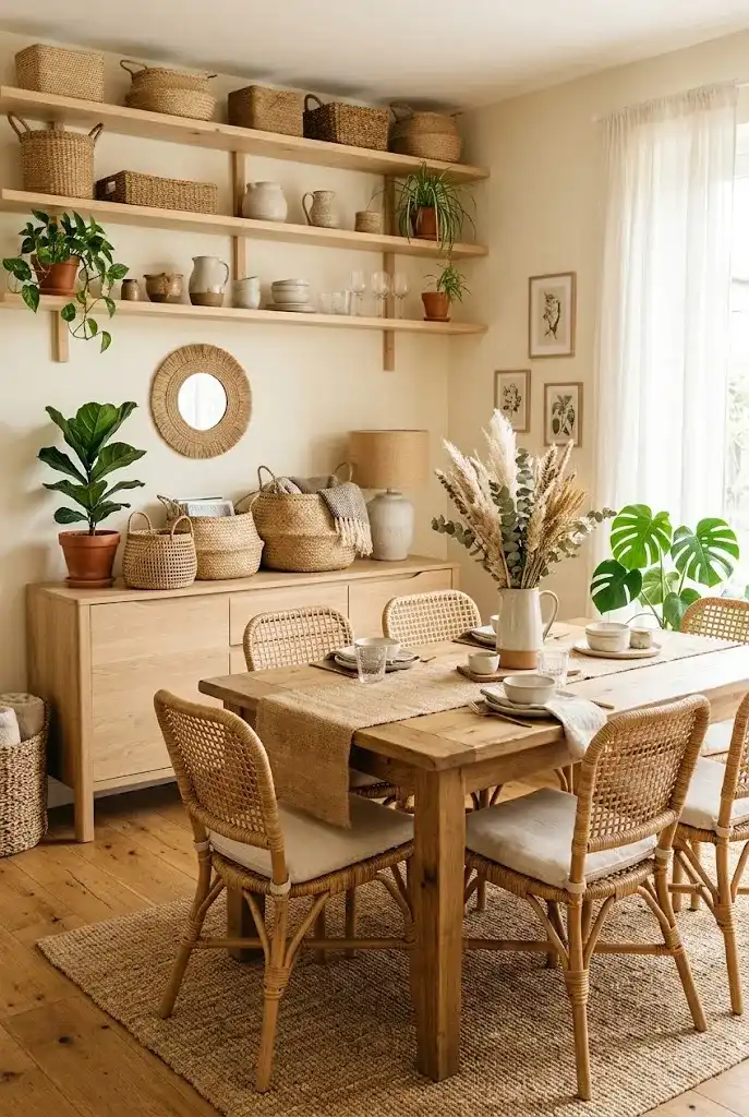 Boho dining room decorated with natural woven baskets, wood furniture, and earthy textures.