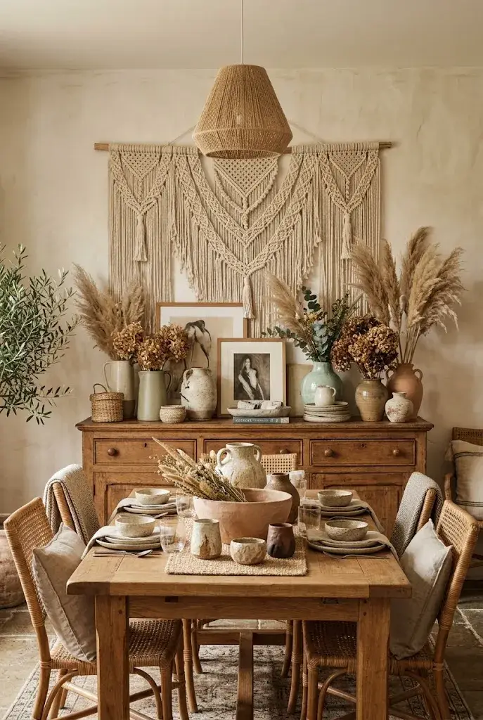 Boho dining room featuring oversized ivory macramé wall decor above a wooden sideboard.