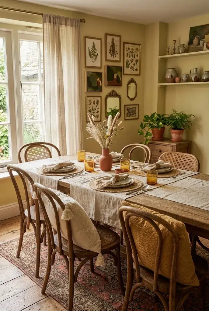 Boho dining room with a curated gallery wall of botanical prints, artwork, and mirrors.