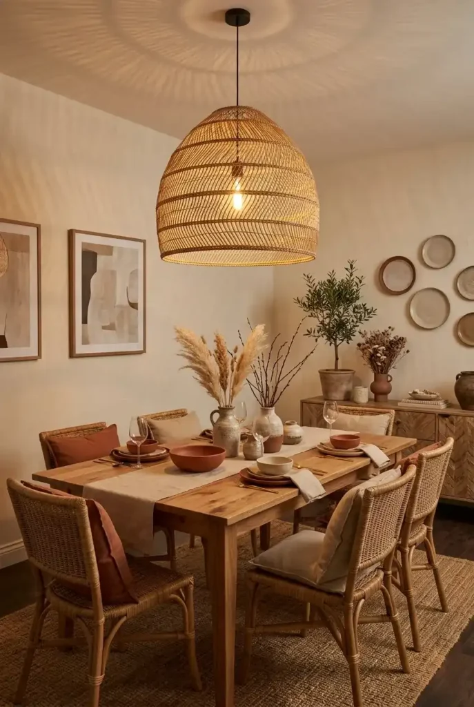 Boho dining room with a statement woven pendant light above a wooden dining table.