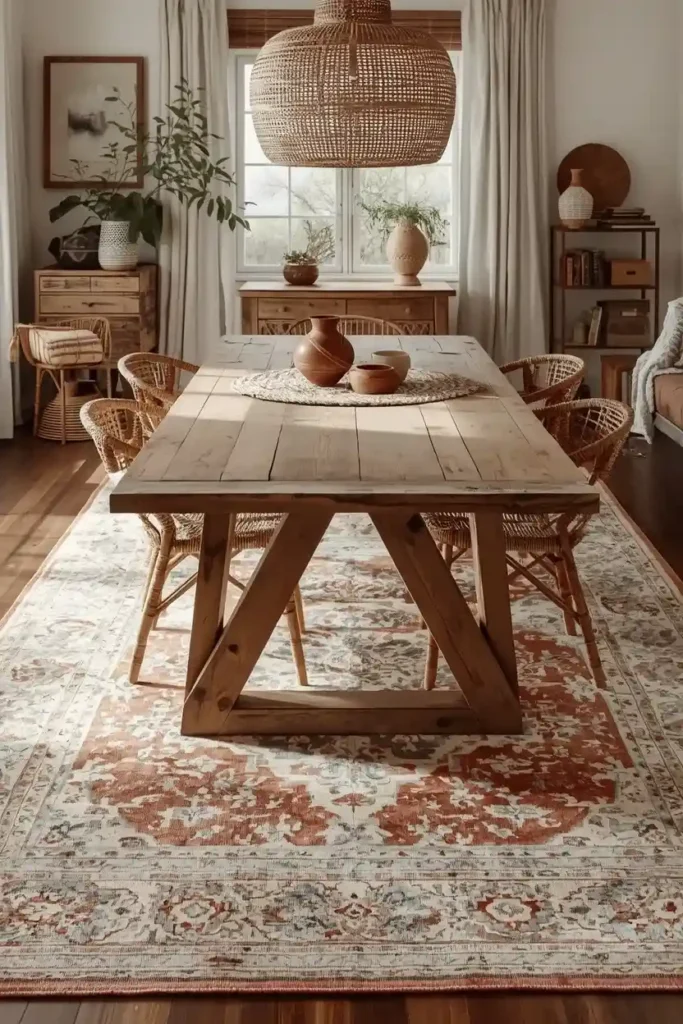 Boho dining room with a vintage-inspired patterned rug beneath a wooden dining table.