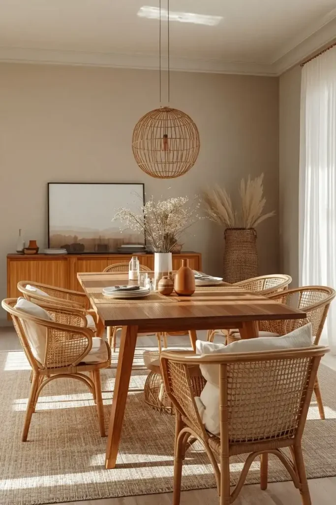 Boho dining room with layered woven rattan chairs and soft linen cushions.