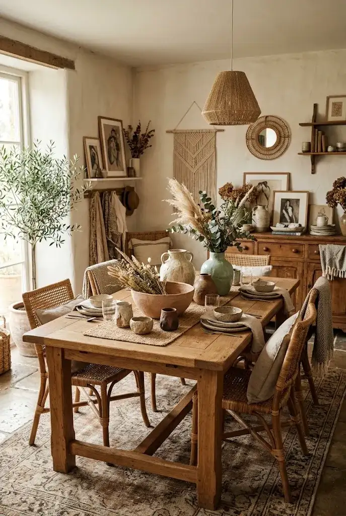 Boho dining table styled with handmade pottery, ceramic vases, and earthy natural decor.