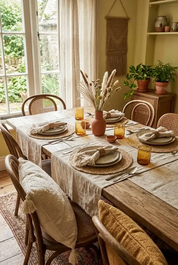 Boho dining table with layered linen textiles, woven placemats, and earthy accents.