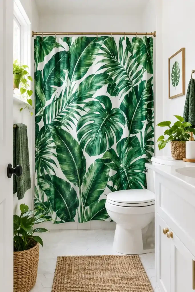 Bold green botanical print shower curtain for a fresh bathroom look