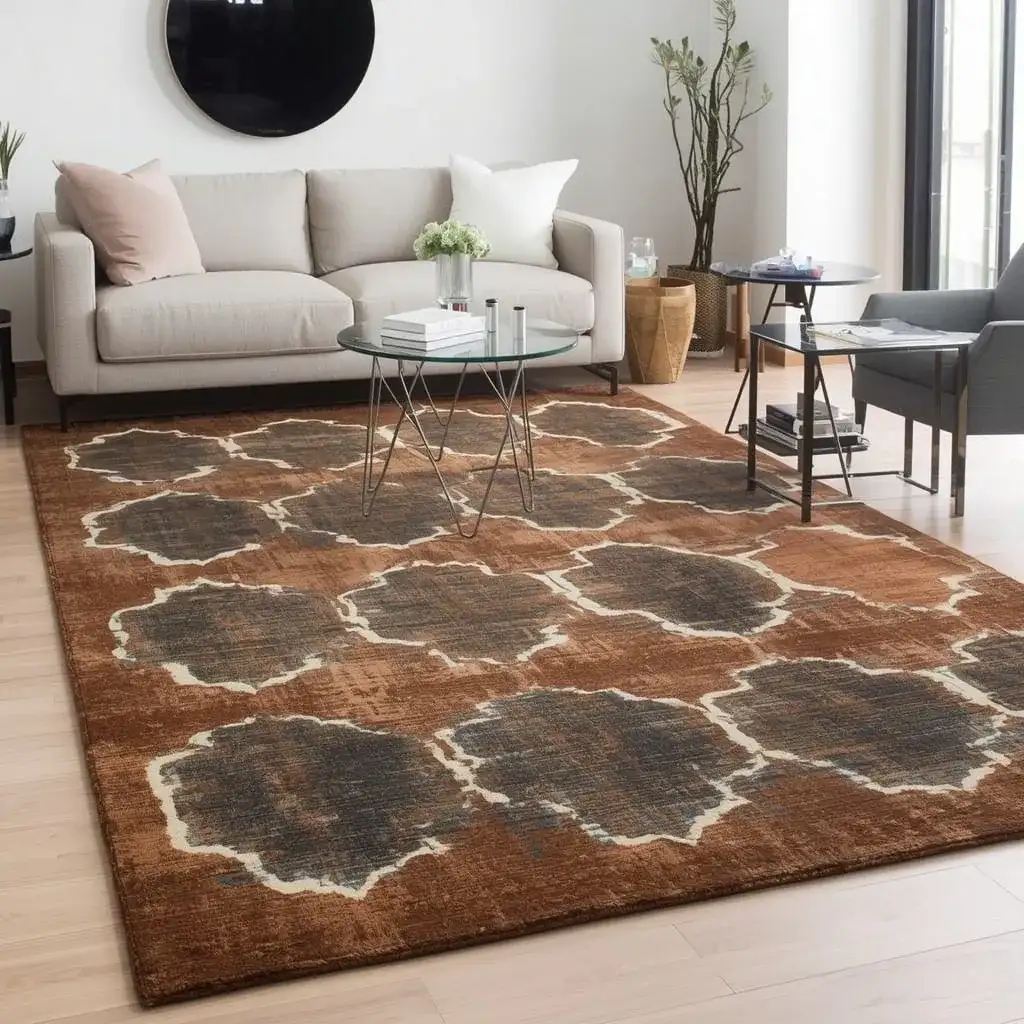 Bold patterned area rug adding personality to a modern living room