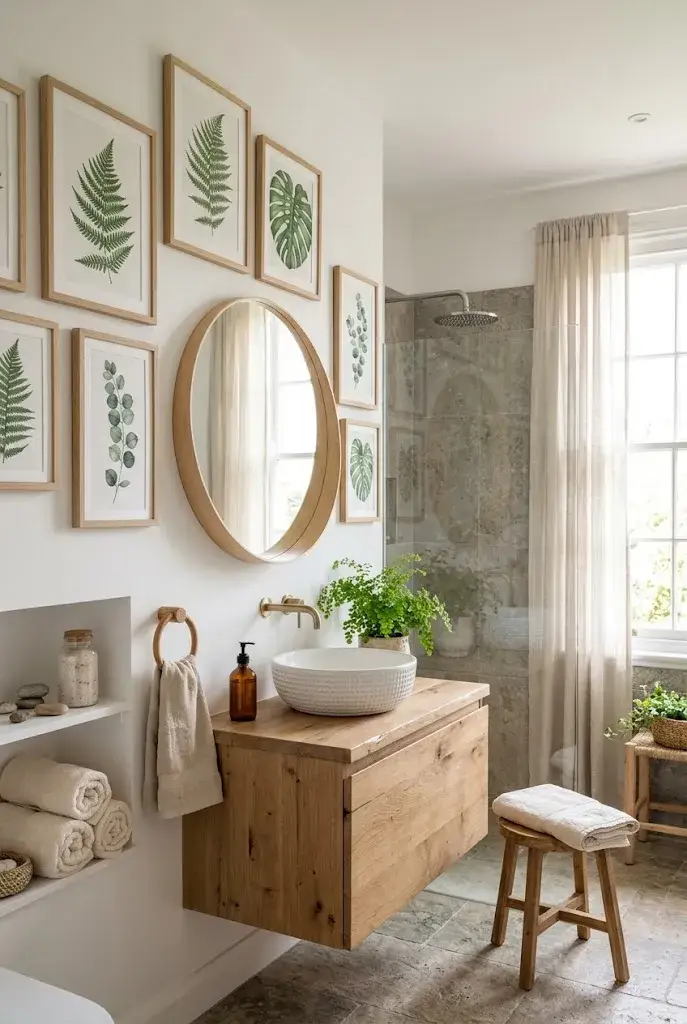  Botanical green wall art decorating a bright and relaxing bathroom.