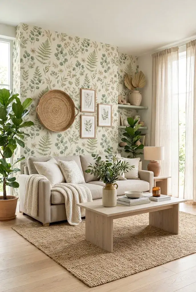 Botanical wallpaper accent wall behind a neutral sofa in a stylish living room